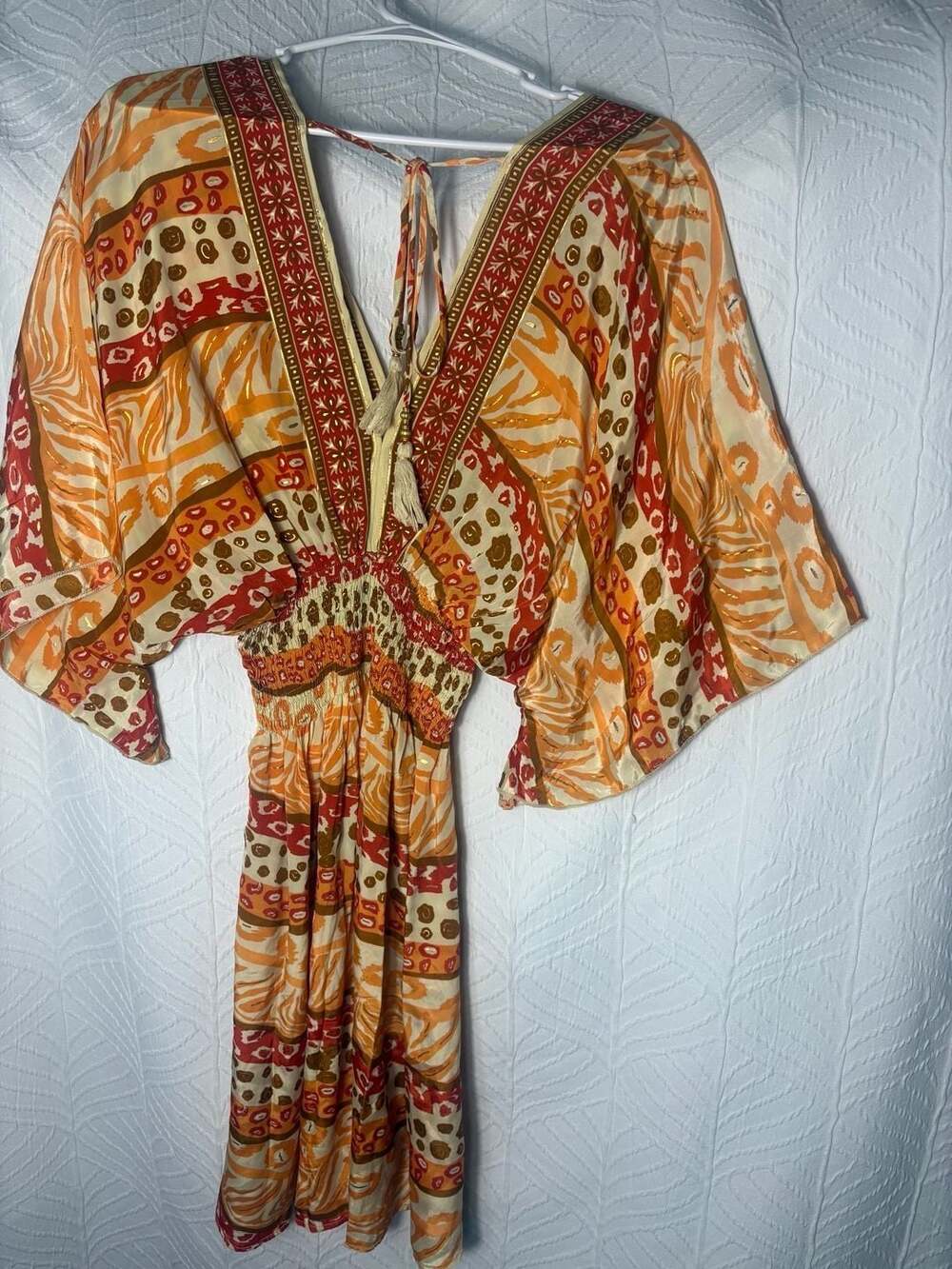 BOHO MIAMI Orange Multi Boho Print V-Neck Smocked Tassel Maxi Dress Cover-Up